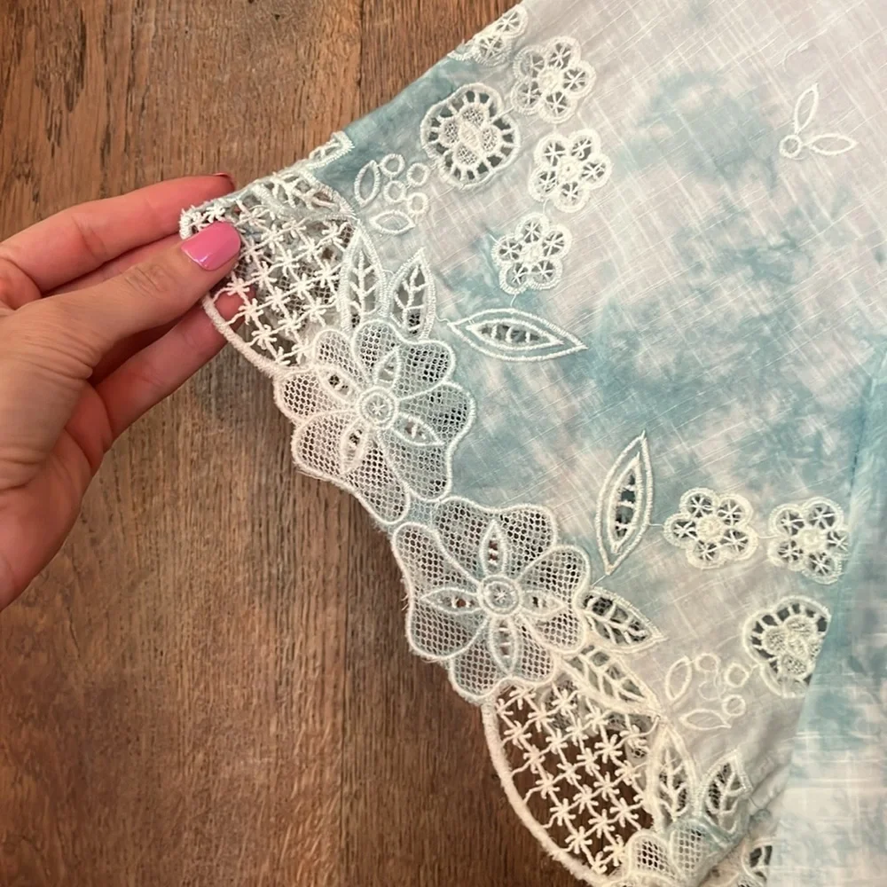 Anthropologie Embroidered Tie Dye Eyelet Lace Boho Puff‎ Sleeve Blouse